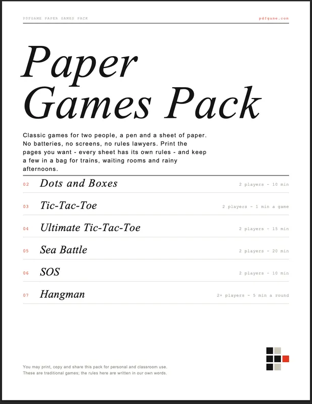 Cover of the PDFGame Paper Games Pack