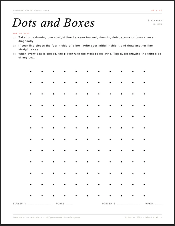 Dots and Boxes printable sheet