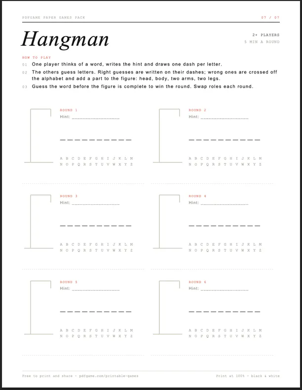Hangman printable game sheet