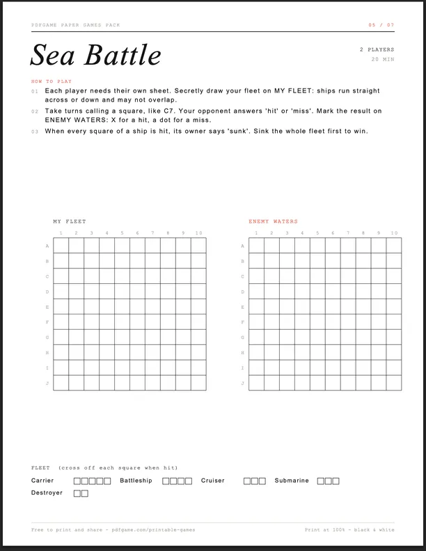 sea battle printable sheet