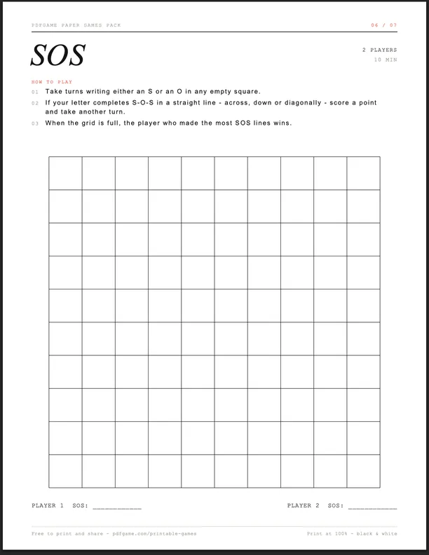SOS printable game sheet