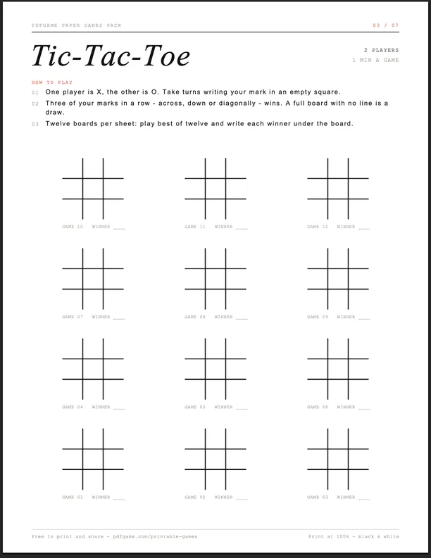 Tic-Tac-Toe printable sheet