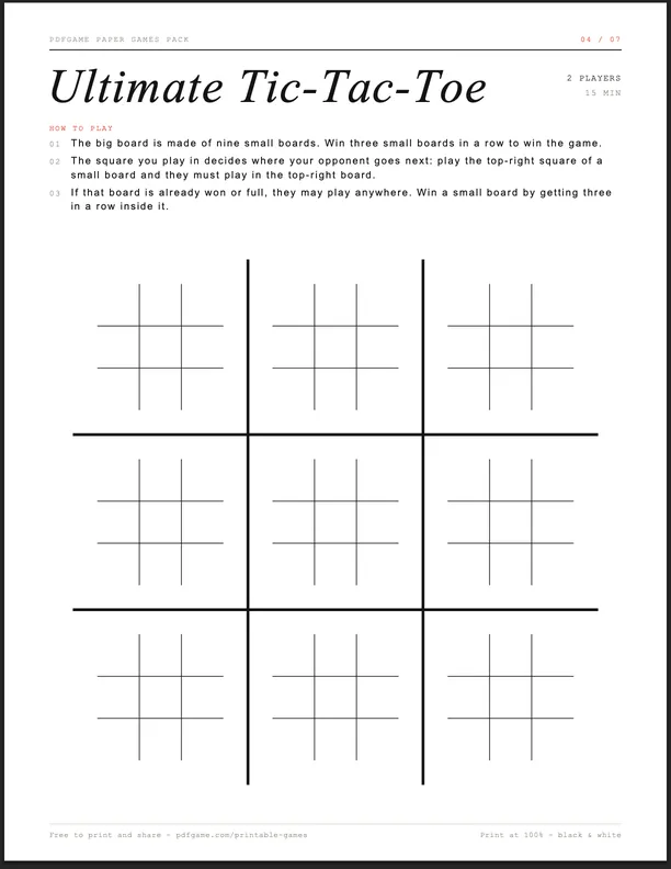 Ultimate Tic-Tac-Toe printable sheet